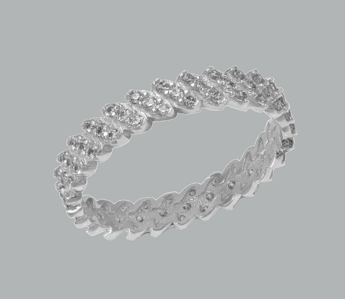 NEW 14K WHITE GOLD FULL ETERNITY CZ BAND RING SIZE 6: NEW 14K WHITE GOLD ETERNITY BAND New 14K white gold full eternity band ring 3.5mm Wide Well made rings. prong set with full cut cz. Ring size is 6 Polished finish Apx weight is 1.6g