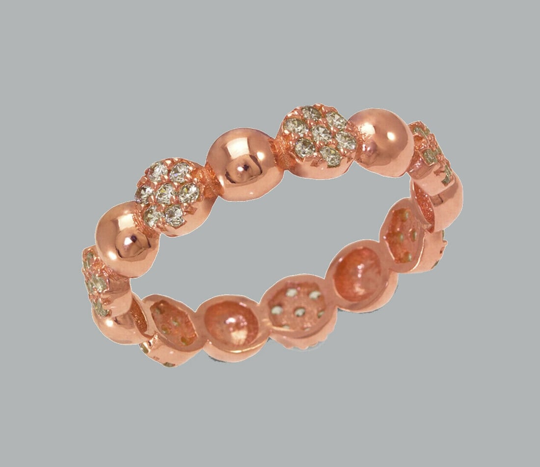 14K ROSE GOLD ETERNITY CZ BAND RING HALF BALL SIZE 6: NEW 14K ROSE GOLD ETERNITY BAND New 14K rose gold full eternity band ring 4mm Wide Well made rings. prong set with full cut cz. Ring size is 6 Polished finish Apx weight is 2.1g