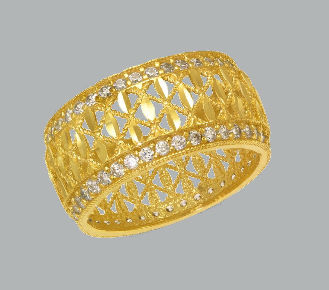 14K YELLOW GOLD ETERNITY CZ BAND COCKTAIL RING SIZE 6: NEW 14K YELLOW GOLD ETERNITY BAND New 14K yellow gold full eternity band ring 10mm Wide Well made rings. prong set with full cut cz. Ring size is 6 Polished finish Apx weight is 4.7g
