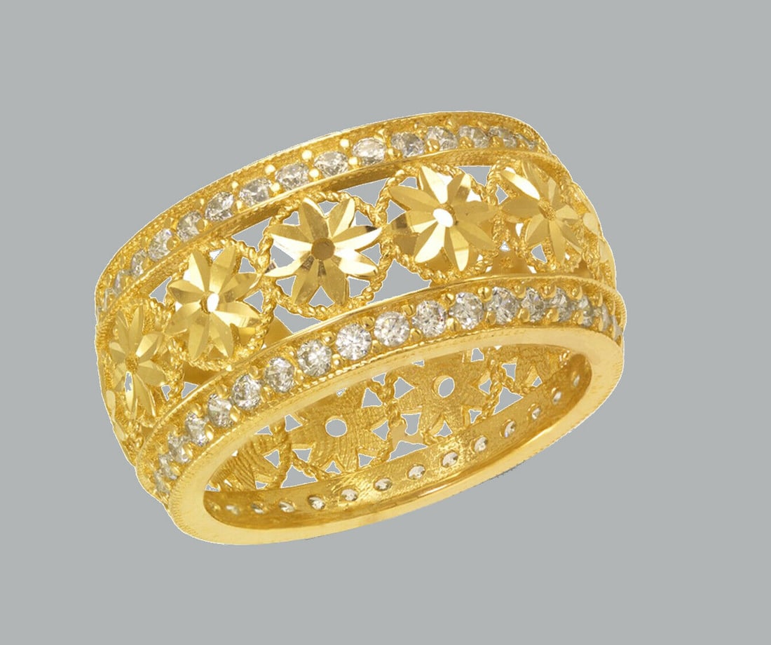 14K YELLOW GOLD ETERNITY CZ BAND RING FLOWER SIZE 6: NEW 14K YELLOW GOLD ETERNITY BAND New 14K yellow gold full eternity band ring 10mm Wide Well made rings. prong set with full cut cz. Ring size is 6 Polished finish Apx weight is 4.7g