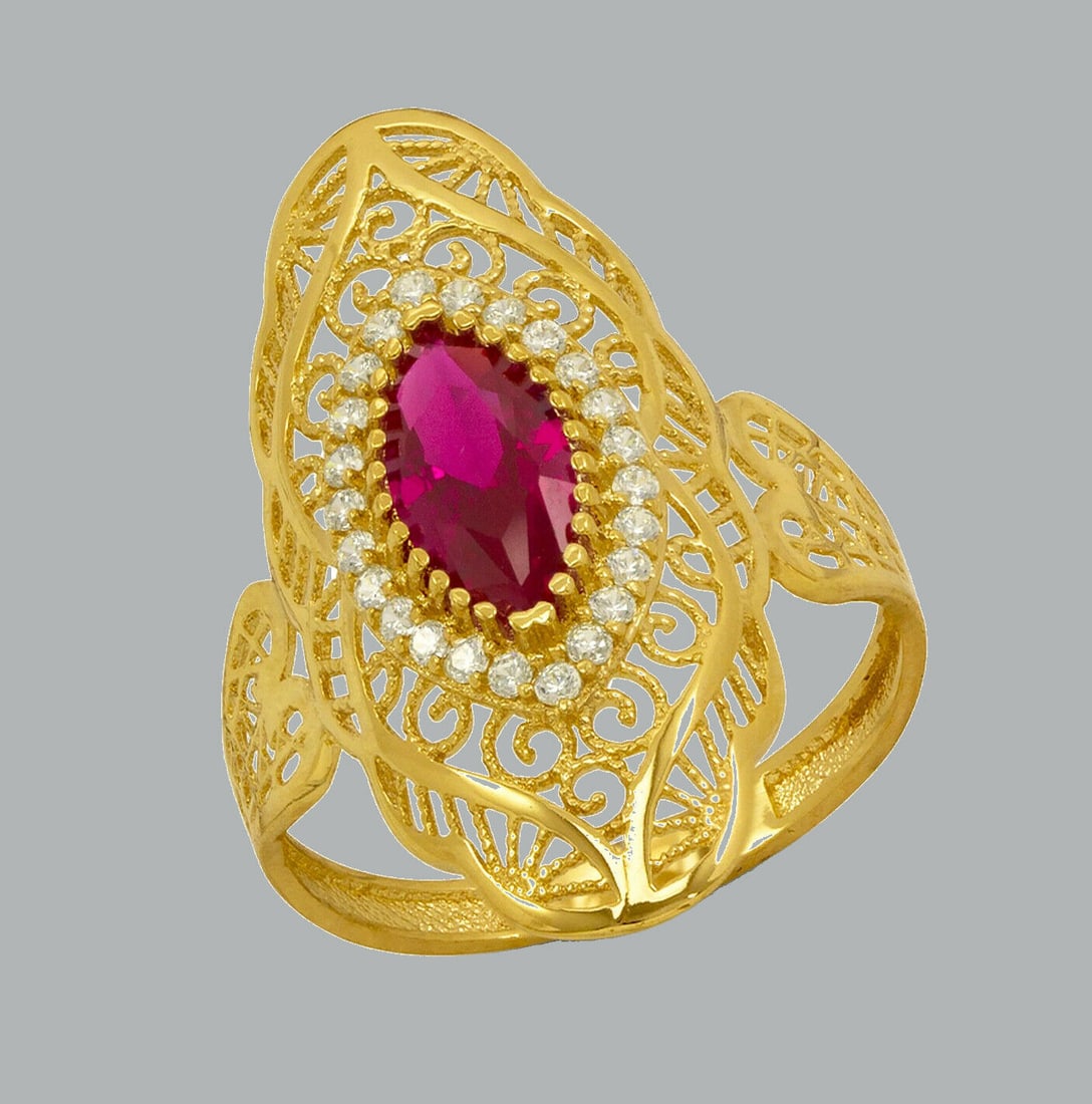 NEW 14K YELLOW GOLD LADIES CZ COCKTAIL RING RED HALO (1 of 2)