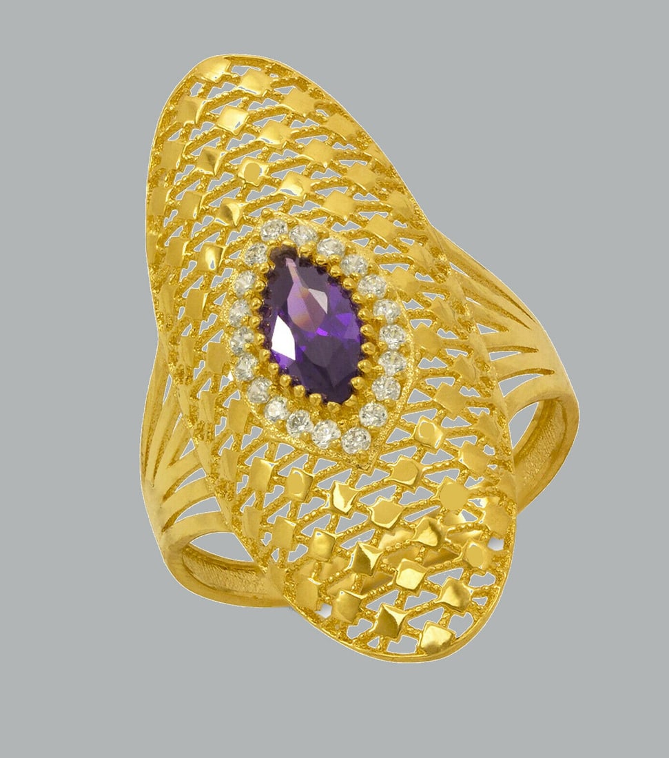 NEW 14K YELLOW GOLD LADIES CZ COCKTAIL RING PURPLE HALO: NEW 14K YELLOW GOLD HALO CZ RING New 14K Yellow solid gold ring Ring size 7 Measures 13.5mm W x 32mm H Cubic Zirconia Polished Finish Apx Weight: 3.3g