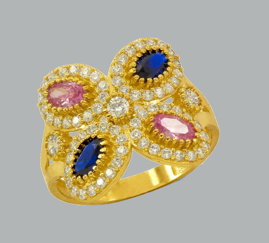 NEW 14K YELLOW GOLD LADIES CZ COCKTAIL RING BLUE PINK (1 of 2)