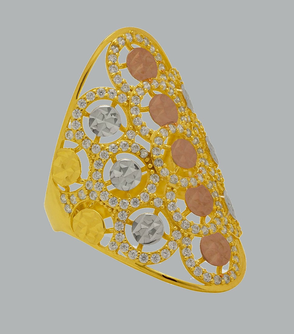 NEW 14K TRI COLOR GOLD LADIES CZ COCKTAIL RING: NEW 14K TRI COLOR GOLD CZ COCKTAIL RING New 14K Tri color solid gold ring Ring size 7 Measures 21mm W x 33mm H Cubic Zirconia Polished Finish Apx Weight: 5.3g