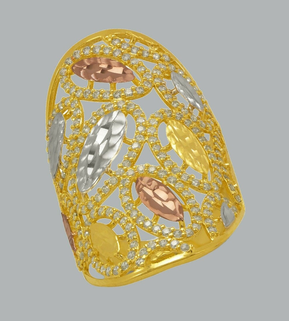 NEW 14K TRI COLOR GOLD LADIES CZ COCKTAIL RING: NEW 14K TRI COLOR GOLD CZ COCKTAIL RING New 14K Tri color solid gold ring Ring size 7 Measures 21mm W x 37mm H Cubic Zirconia Polished Finish Apx Weight: 6.5g