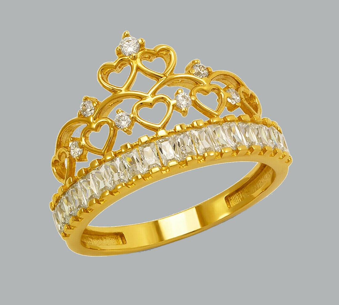 14K YELLOW GOLD CZ COCKTAIL RING TIARA CROWN HEARTS: NEW 14K YELLOW GOLD CZ COCKTAIL RING New 14K Yellow solid gold ring Ring size 7 Measures 13mm wide in front Cubic Zirconia Polished Finish Apx Weight: 3g