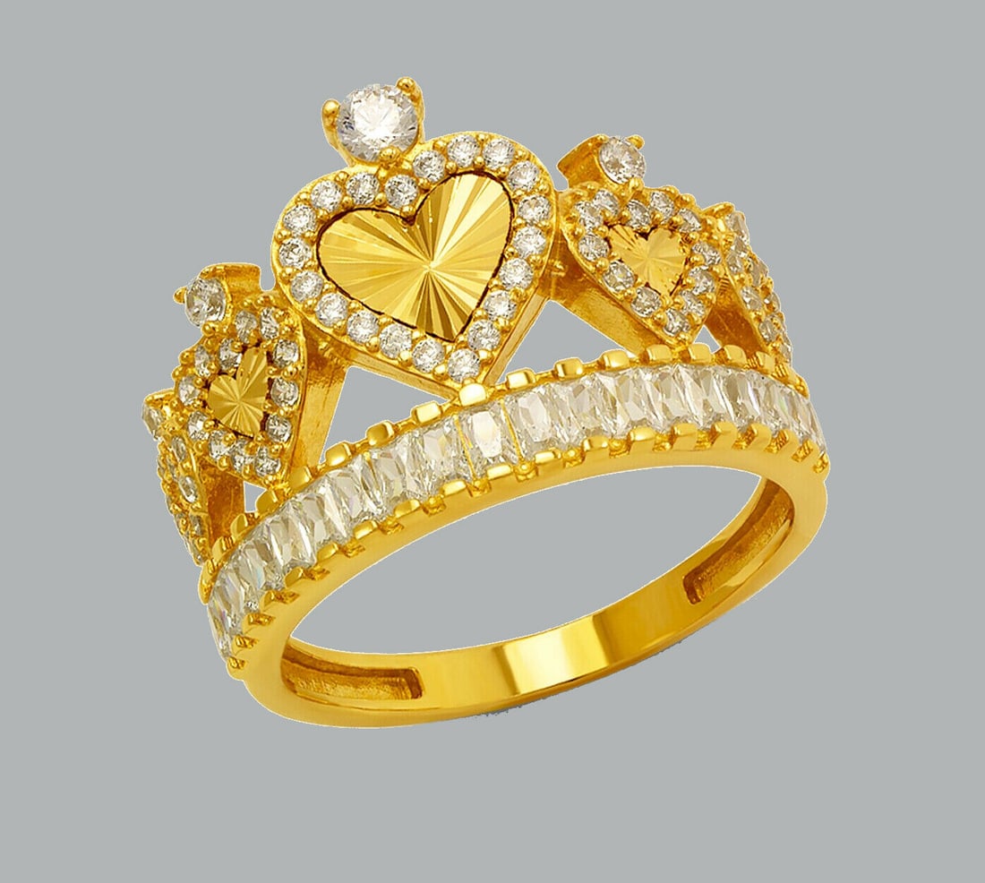 14K YELLOW GOLD CZ COCKTAIL RING TIARA CROWN HEARTS (1 of 1)