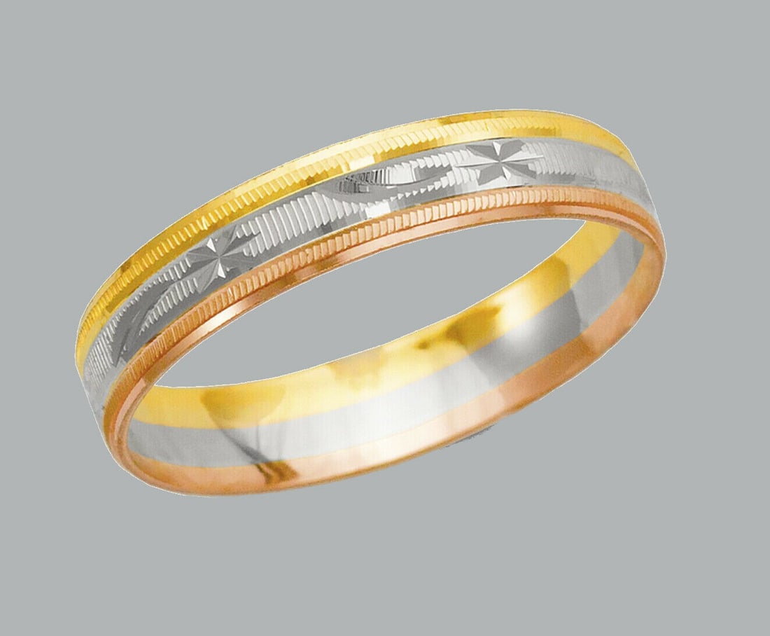 14K TRI COLOR GOLD WEDDING BAND RING 4mm - SIZE 6: NEW 14K TRI COLOR GOLD WEDDING BAND RING Band measures 4mm wide Size 6 14K Solid Tri color gold (not hollow or plated) Polished finish Ring is New Stamped 14K Avg weight is 1.6g