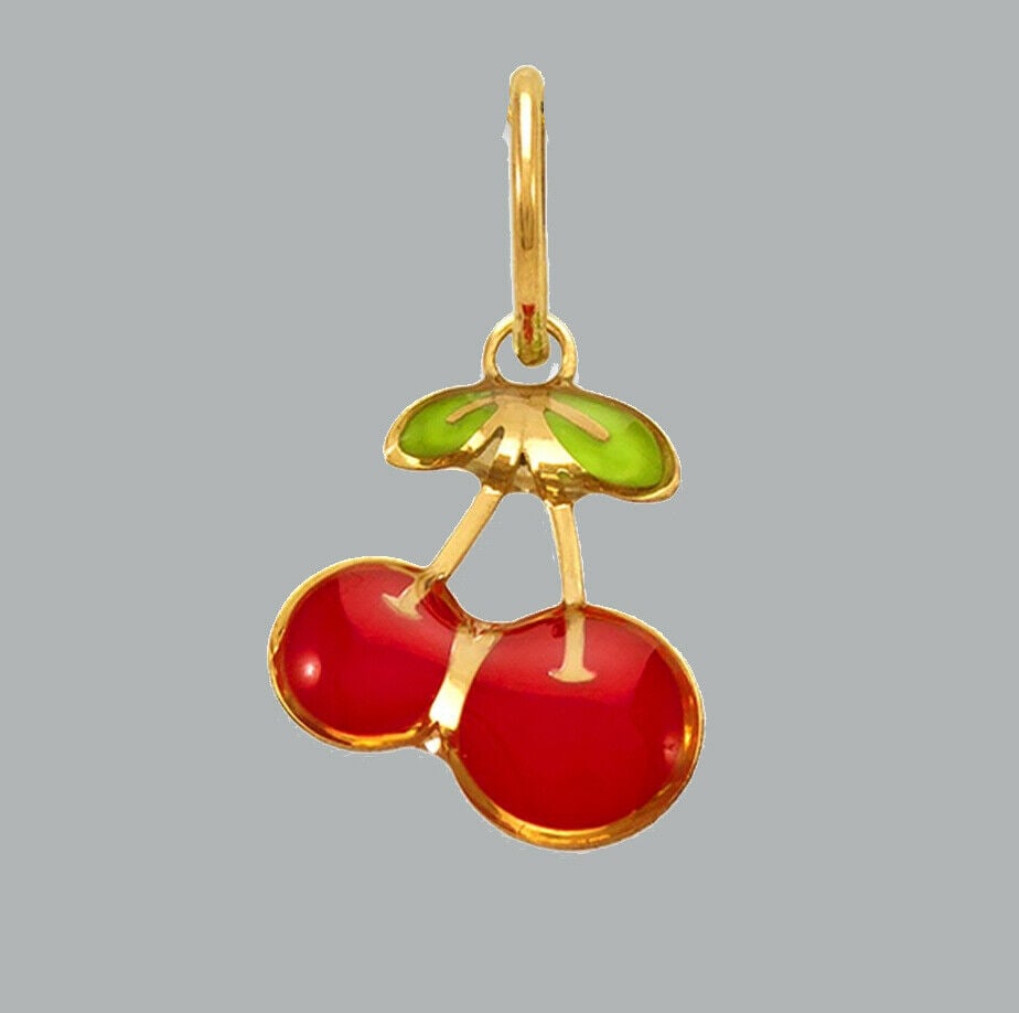 14K YELLOW GOLD ENAMEL PENDANT / CHARM SMALL CHERRIES (1 of 1)