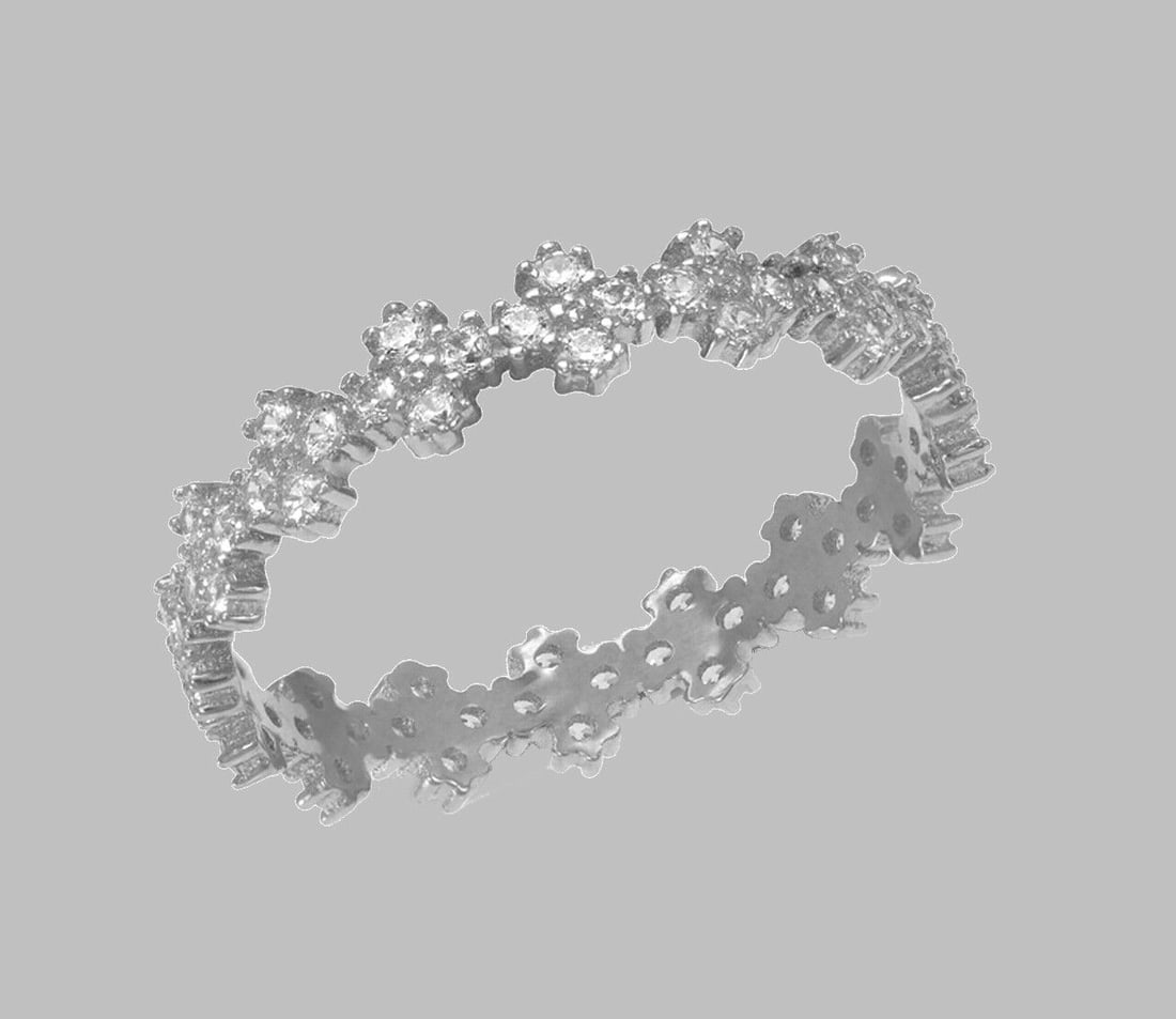 NEW 14K WHITE GOLD FULL ETERNITY CZ BAND RING SIZE 8: NEW 14K WHITE GOLD ETERNITY BAND New 14K white gold full eternity band ring 4mm Wide Well made rings. prong set with full cut cz. Ring size is 8 Polished finish Apx weight is 1.5g