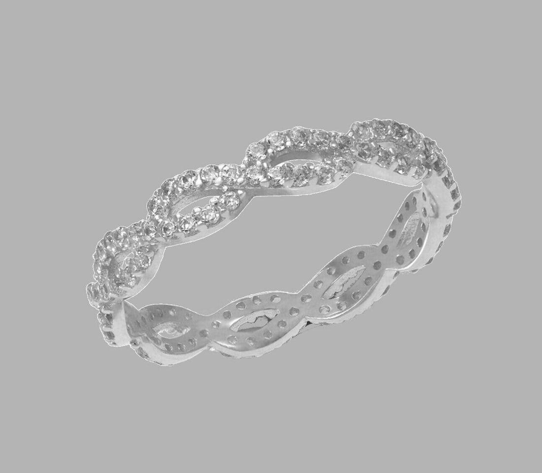 14K WHITE GOLD FULL ETERNITY CZ BAND RING SIZE 7: NEW 14K WHITE GOLD ETERNITY BAND New 14K white gold full eternity band ring 3.5mm Wide Well made rings. prong set with full cut cz. Ring size is 7 Polished finish Apx weight is 1.7g