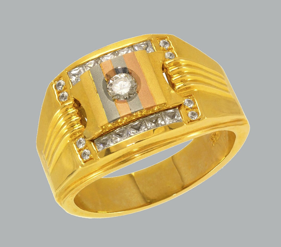 NEW 14K TRI COLOR GOLD MENS CZ RING SIGNET: NEW 14K TRI COLOR GOLD CZ RING New 14K Tri color solid gold ring Ring size 10 Measures 14mm wide in front Cubic Zirconia Polished Finish Apx Weight: 13.4g