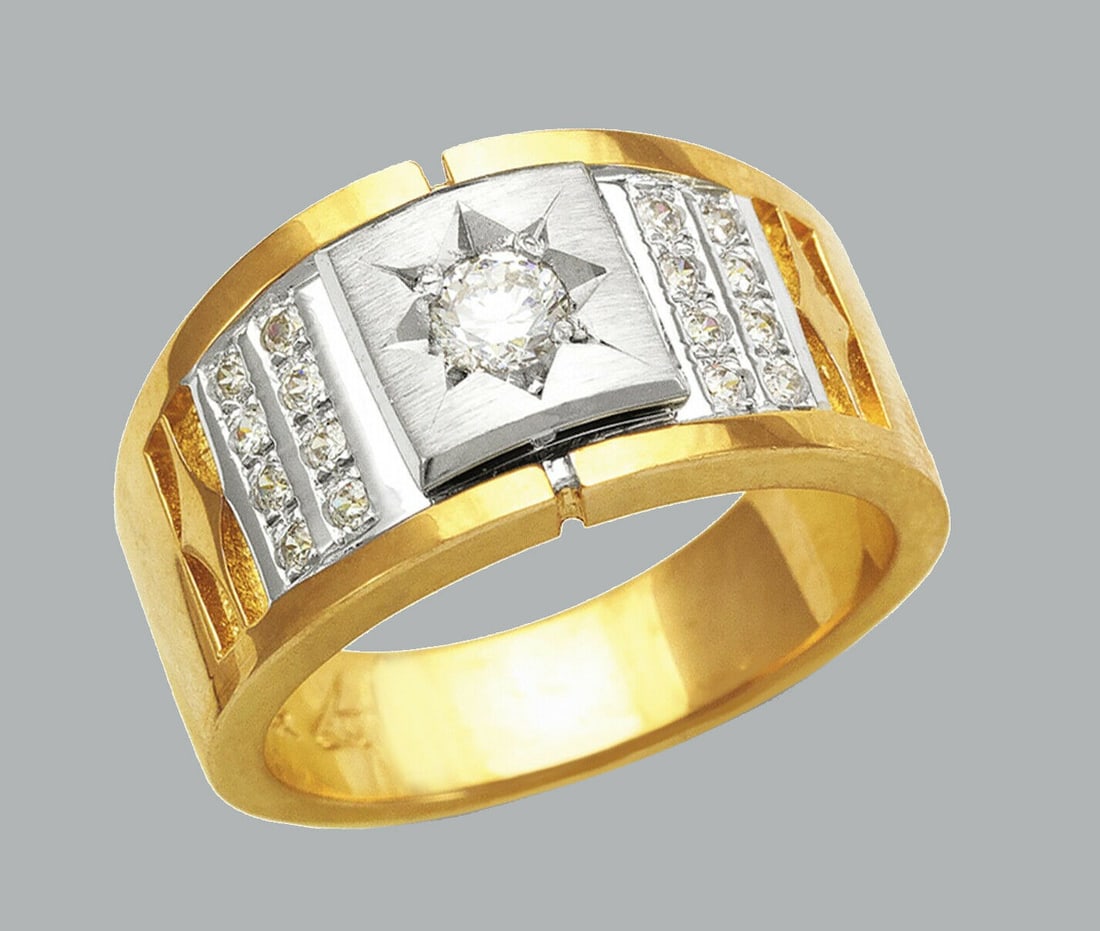 NEW 14K TWO TONE GOLD MENS CZ RING SIGNET: NEW 14K TWO TONE GOLD CZ RING New 14K Two tone solid gold ring Ring size 10 Measures 12mm wide in front Cubic Zirconia Polished Finish Apx Weight: 7.4g