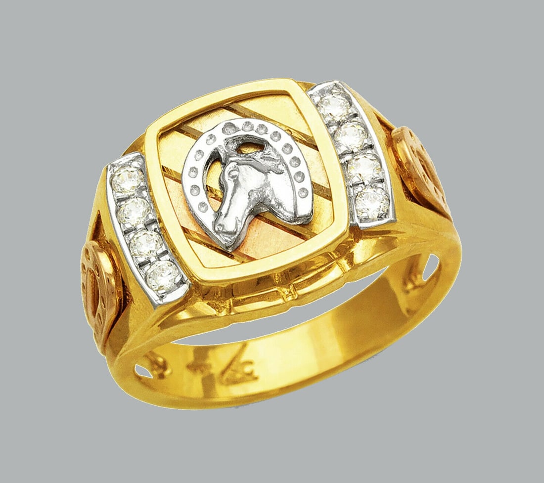 14K TRI COLOR GOLD MEN'S CZ RING SIGNET HORSE HORSESHOE: NEW 14K TRI COLOR GOLD CZ RING New 14K Tri color solid gold ring Ring size 10 Measures 15mm wide in front Cubic Zirconia Polished Finish Apx Weight: 8.5g