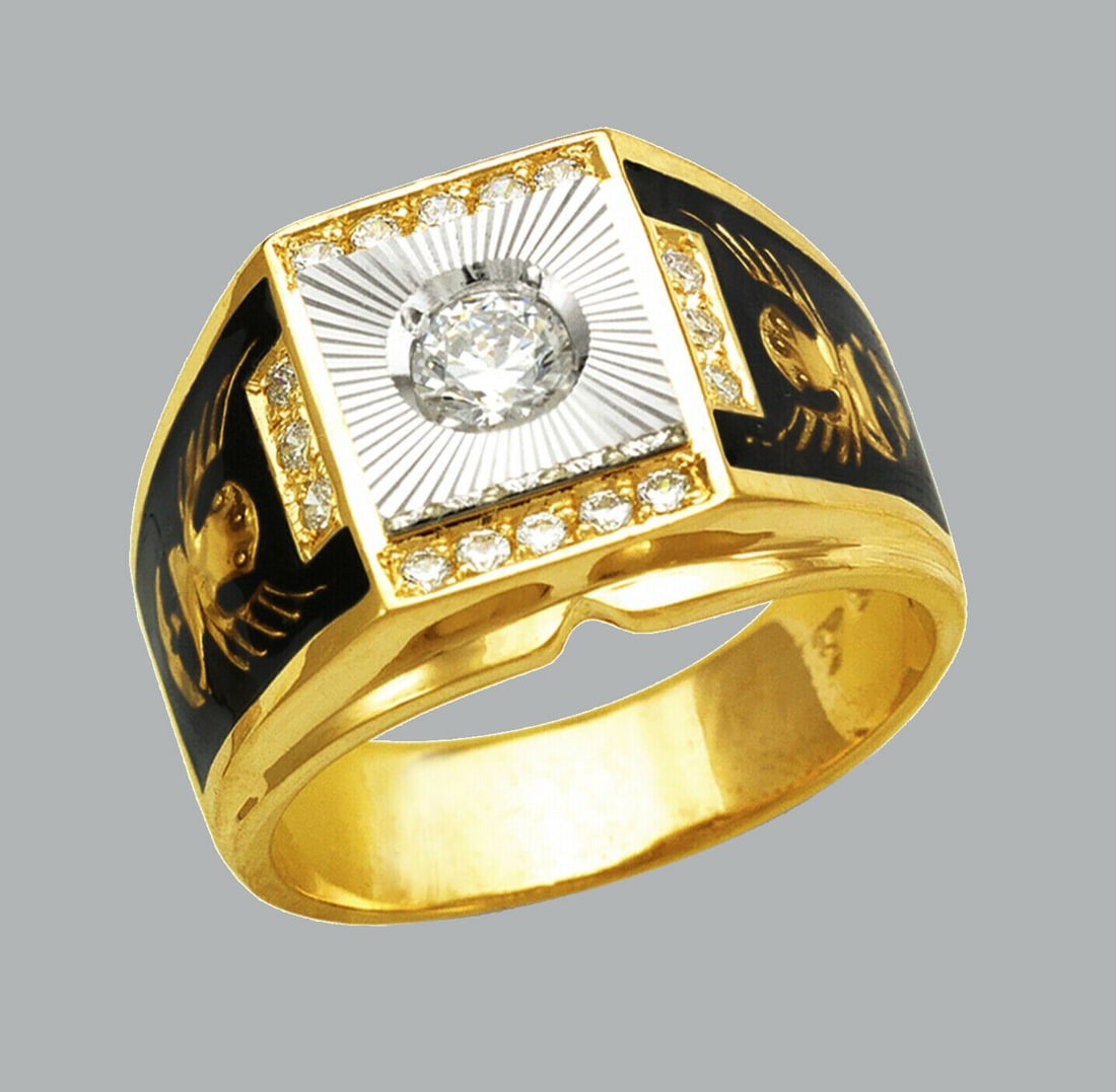 NEW 14K TWO TONE GOLD MENS CZ RING SIGNET FANCY ENAMEL (1 of 1)