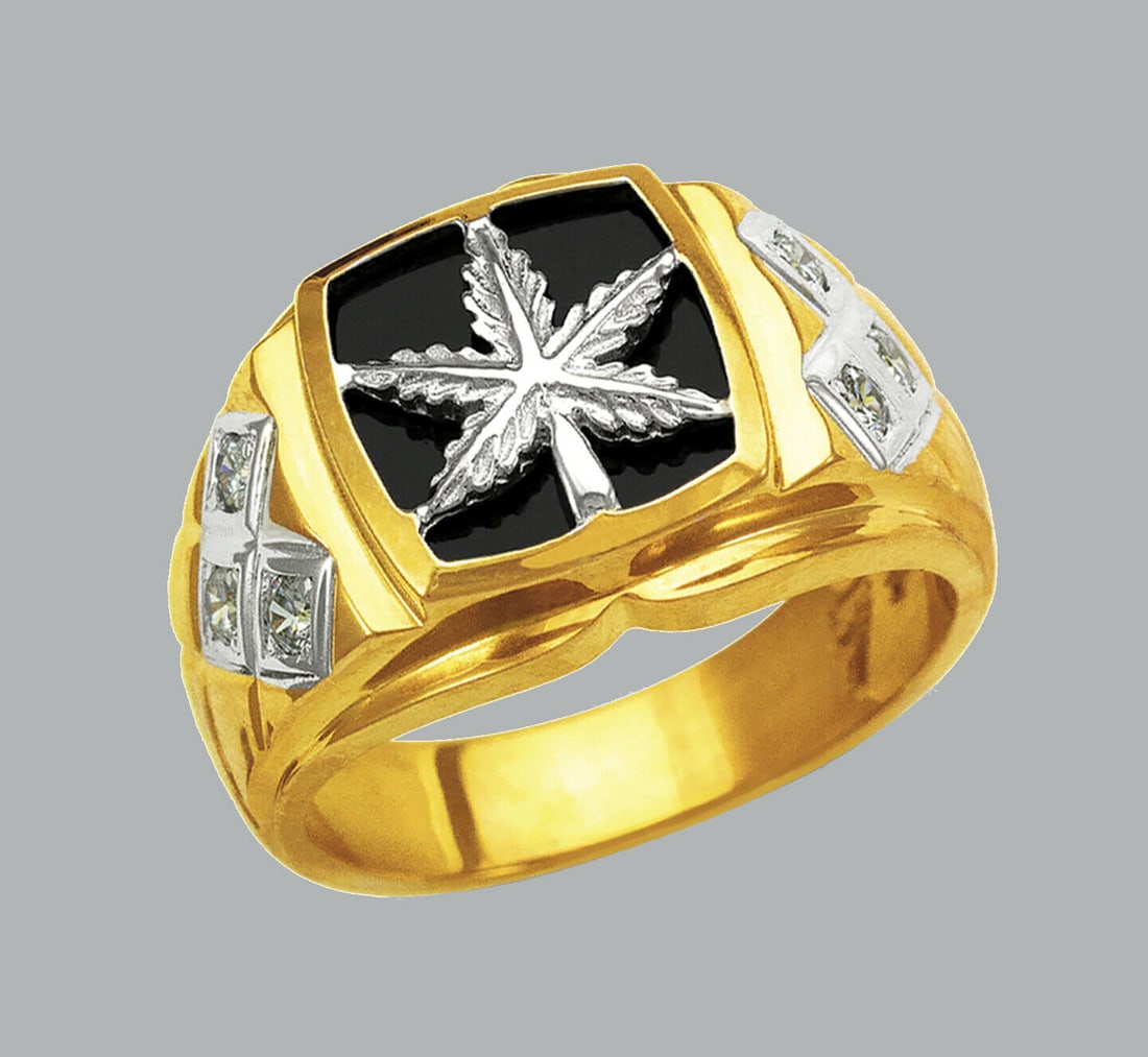 14K TWO TONE GOLD MENS CZ RING SIGNET MARIJUANA LEAF: NEW 14K TWO TONE GOLD CZ RING New 14K Two tone solid gold ring Ring size 10 Measures 15mm wide in front Cubic Zirconia Polished Finish Apx Weight: 7.8g