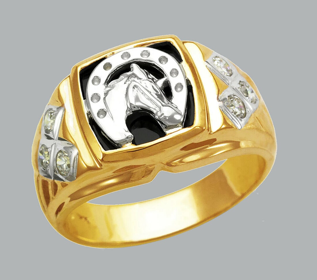 14K TWO TONE GOLD MENS CZ RING SIGNET HORSE HORSESHOE (1 of 1)