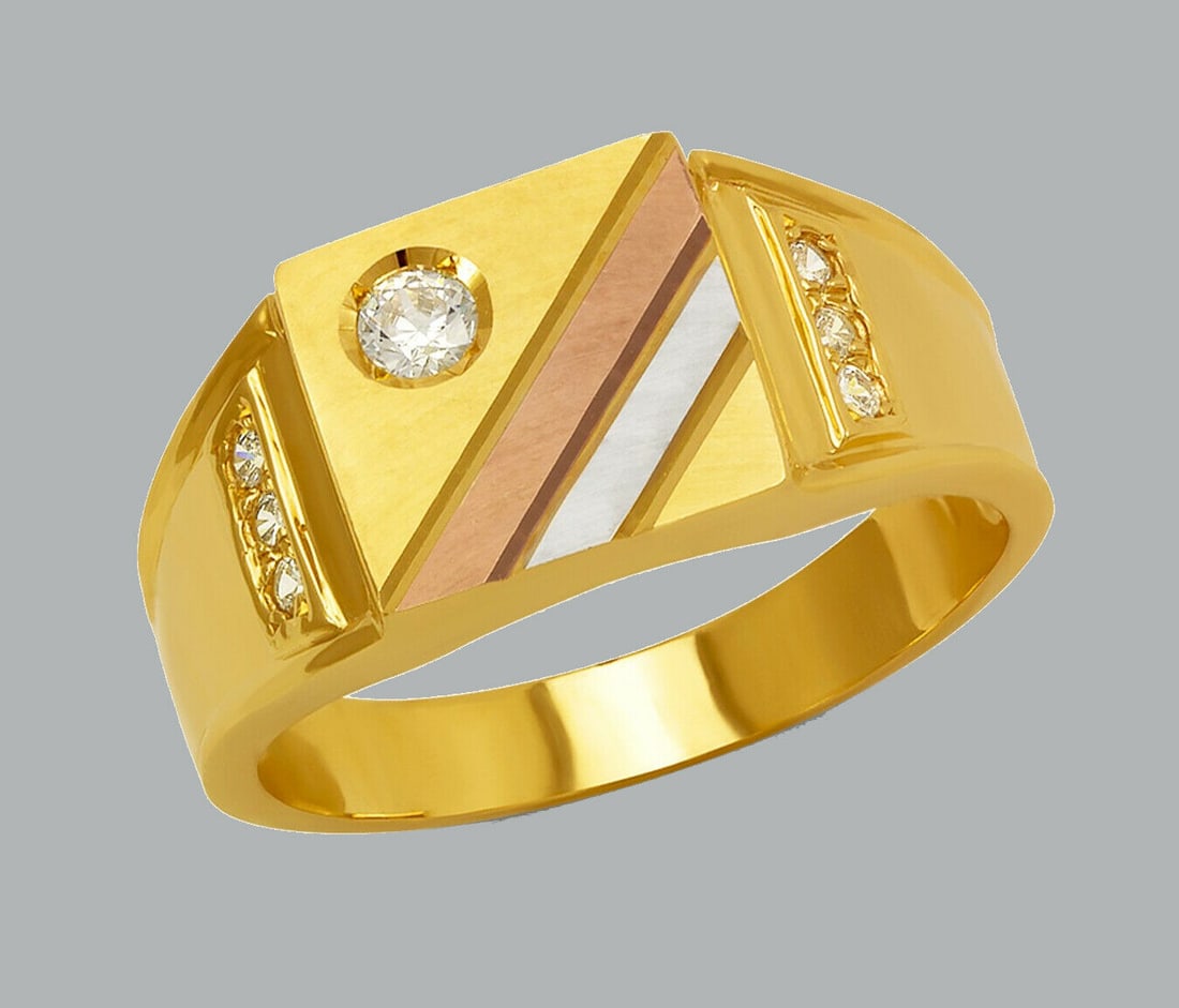 14K TRI COLOR GOLD MENS CZ RING SIGNET POLISHED SATIN: NEW 14K TRI COLOR GOLD CZ RING New 14K Tri color solid gold ring Ring size 10 Measures 14mm wide in front Cubic Zirconia Polished & Satin Finish Apx Weight: 5.9g