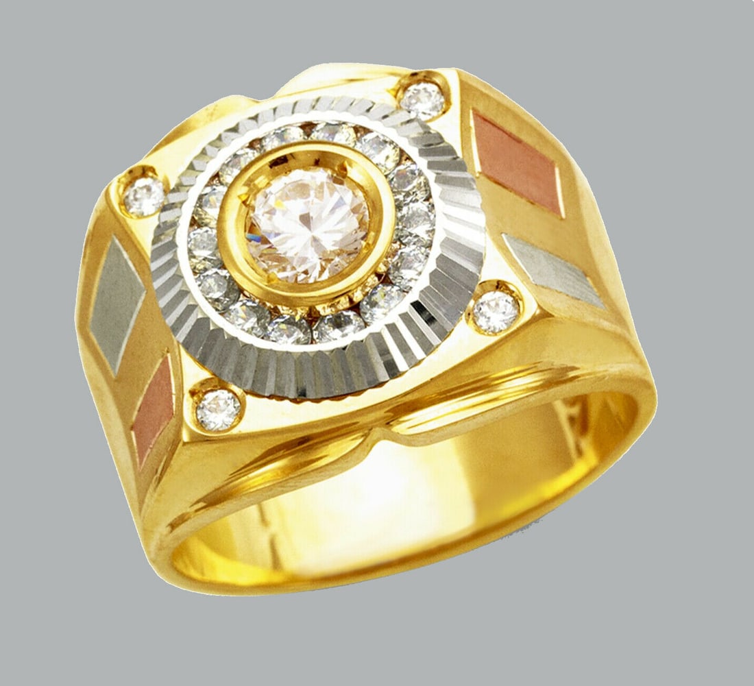 NEW 14K TRI COLOR GOLD MEN'S CZ RING SIGNET (1 of 1)