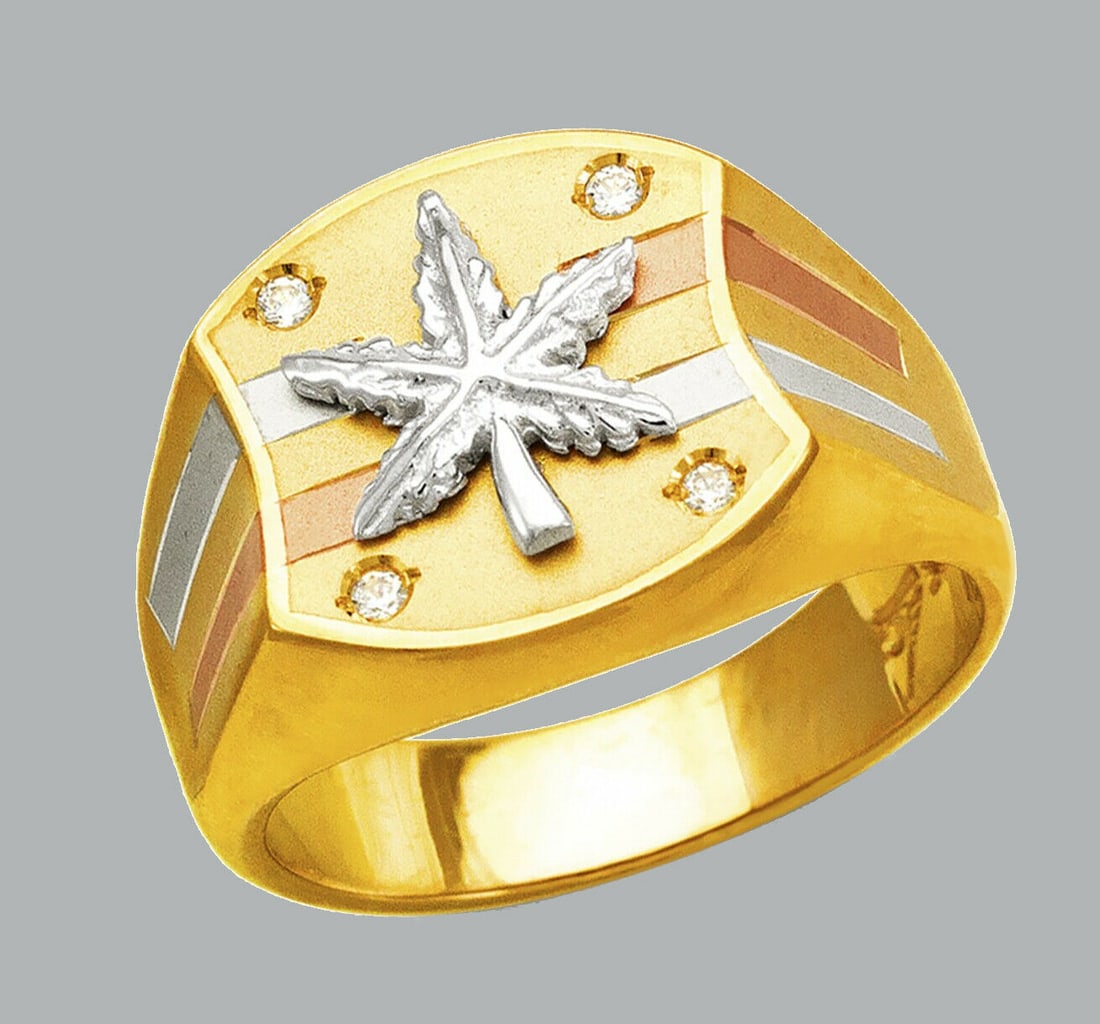 NEW 14K TRI COLOR GOLD MENS CZ RING MARIJUANA LEAF: NEW 14K TRI COLOR GOLD CZ RING New 14K Tri color solid gold ring Ring size 10 Measures 15mm wide in front Cubic Zirconia Polished Finish Apx Weight: 7.8g