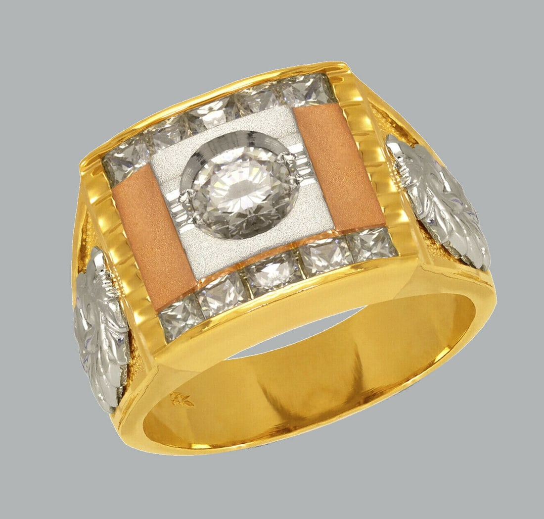 NEW 14K TRI COLOR GOLD MENS CZ RING: NEW 14K TRI COLOR GOLD CZ RING New 14K Tri color solid gold ring Ring size 10 Measures 13mm wide in front Cubic Zirconia Polished Finish Apx Weight: 10.7g