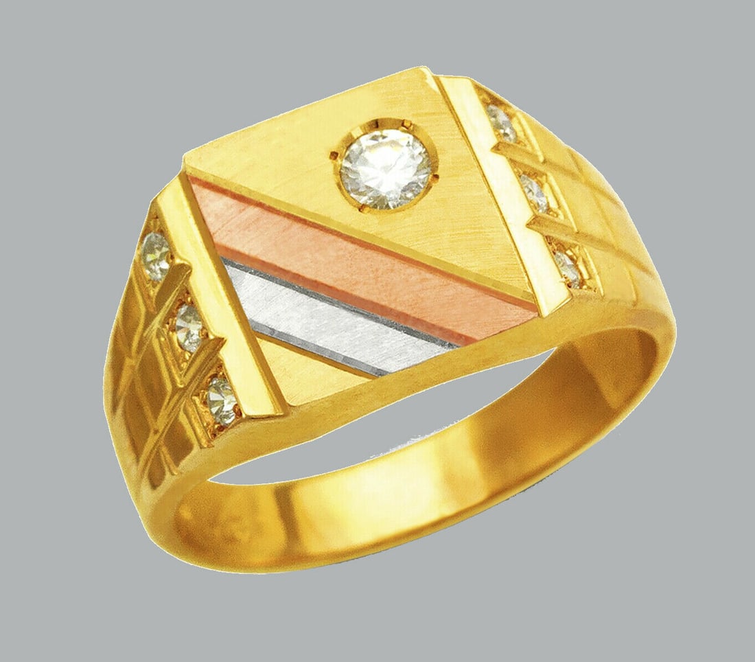 NEW 14K TRI COLOR GOLD MENS FANCY CZ RING SIGNET: NEW 14K TRI COLOR GOLD CZ RING New 14K Tri color solid gold ring Ring size 10 Measures 12mm wide in front Cubic Zirconia Polished Finish Apx Weight: 6.3g