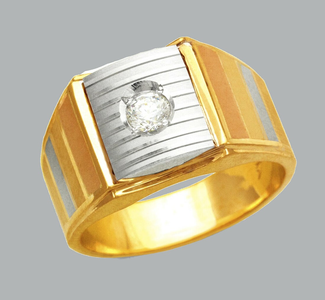 NEW 14K TRI COLOR GOLD MENS FANCY CZ RING SIGNET: NEW 14K TRI COLOR GOLD CZ RING New 14K Tri color solid gold ring Ring size 10 Measures 13mm wide in front Cubic Zirconia Polished Finish Apx Weight: 5.9g