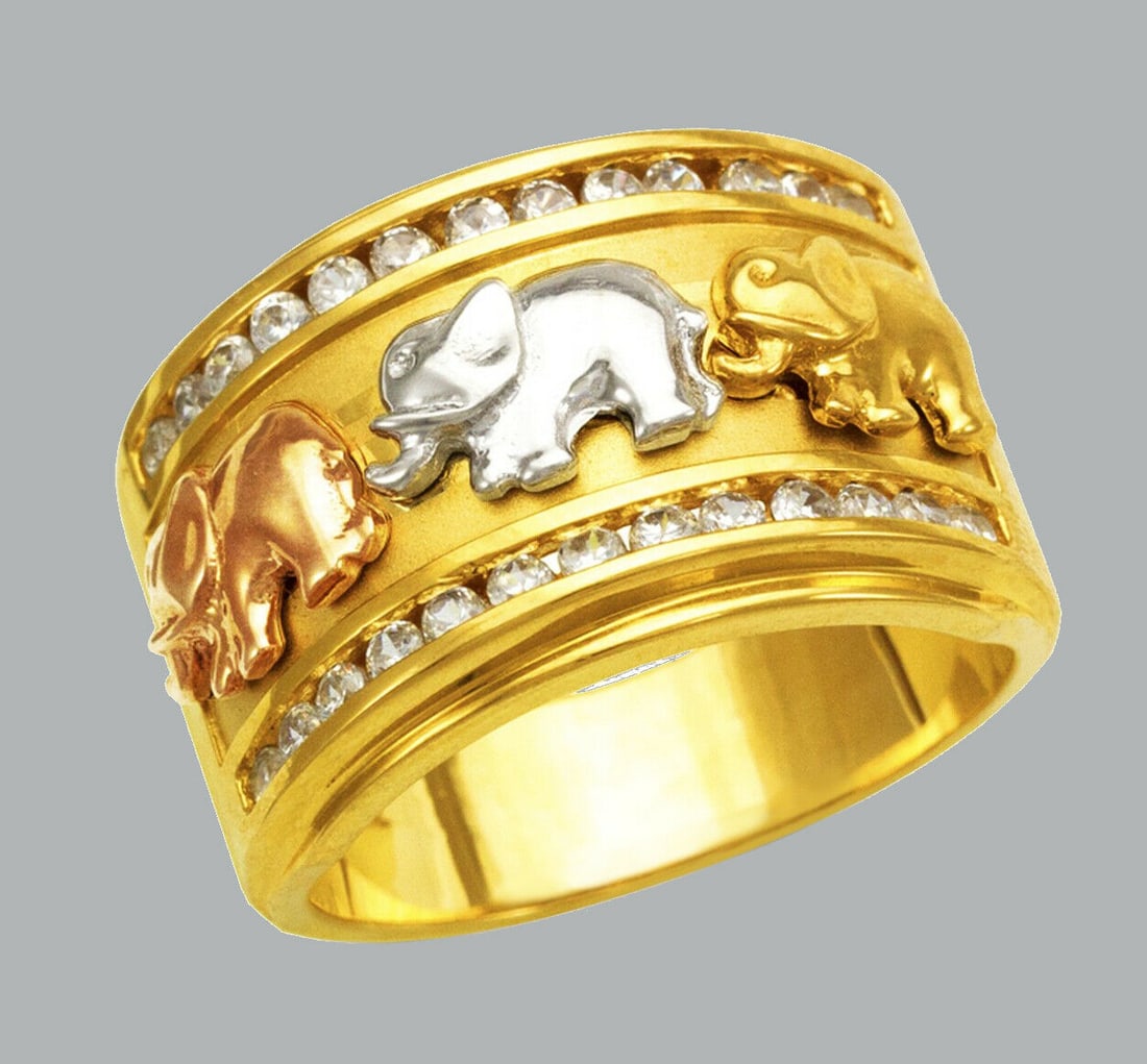 NEW 14K TRI COLOR GOLD MENS FANCY CZ RING ELEPHANT BAND: NEW 14K TRI COLOR GOLD CZ RING New 14K Tri color solid gold ring Ring size 10 Measures 15mm wide in front Cubic Zirconia Polished Finish Apx Weight: 11.1g