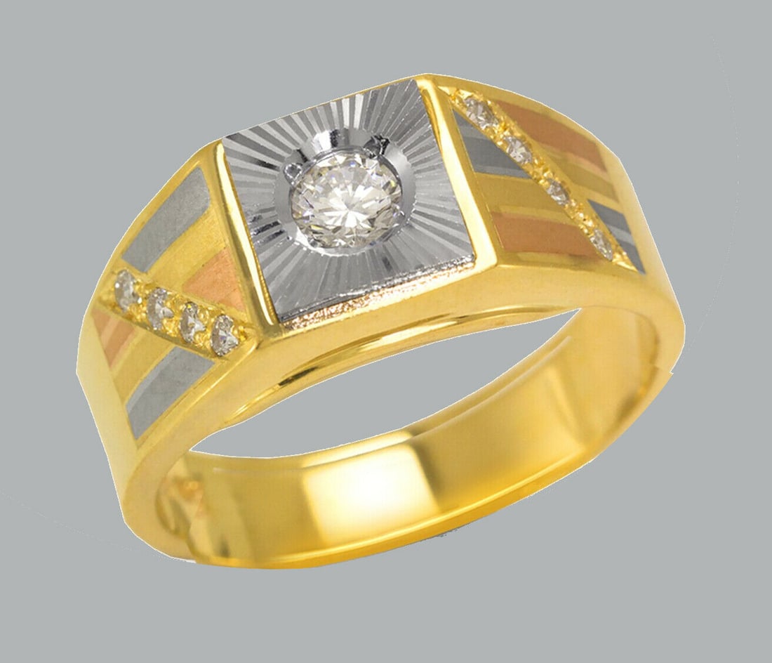 NEW 14K TRI COLOR GOLD MEN'S FANCY CZ RING BAND: NEW 14K TRI COLOR GOLD CZ RING New 14K Tri color solid gold ring Ring size 10 Measures 7.5mm wide in front Cubic Zirconia Polished Finish Apx Weight: 7.5g