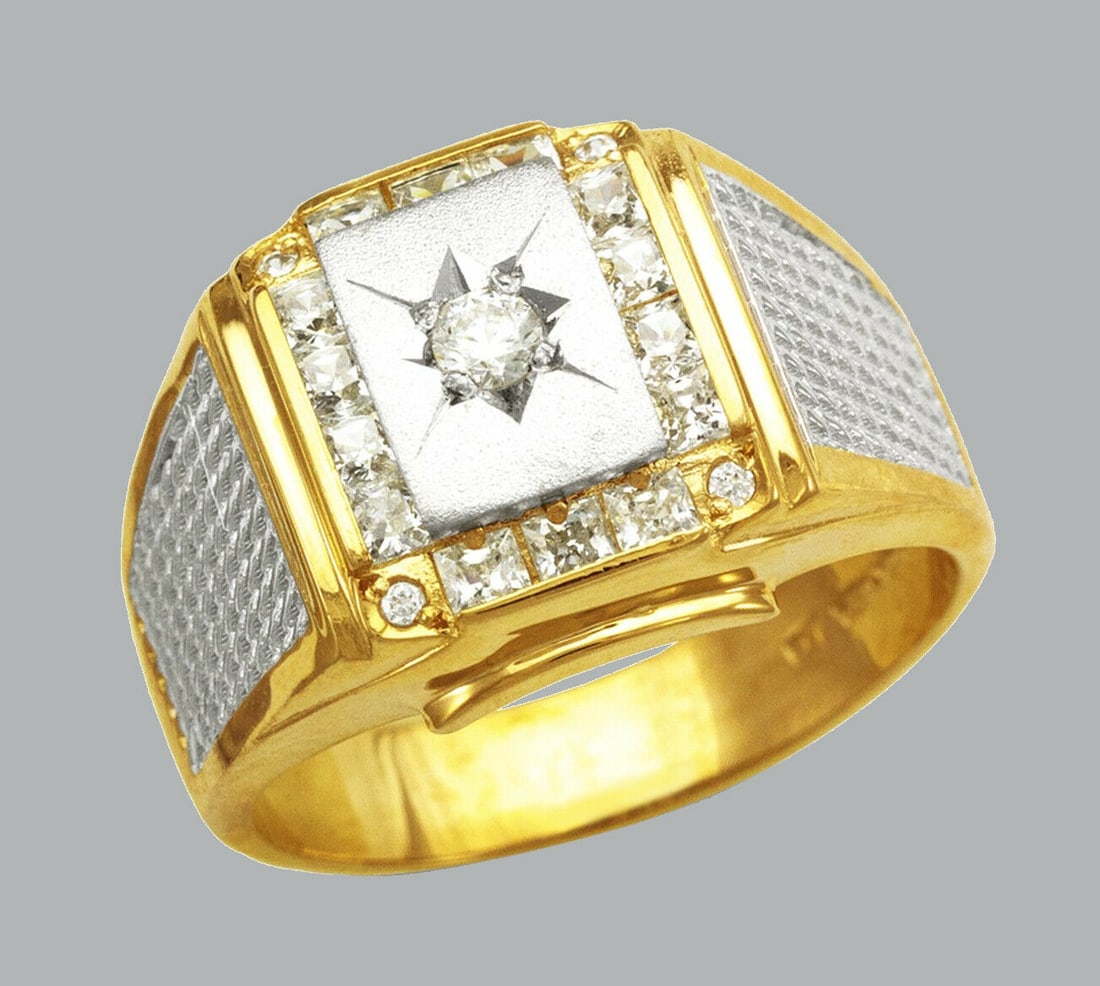 NEW 14K TWO TONE GOLD MENS CZ RING SIGNET FANCY: NEW 14K TWO TONE GOLD CZ RING New 14K Two tone solid gold ring Ring size 10 Measures 14mm wide in front Cubic Zirconia Polished Finish Apx Weight: 9.6g