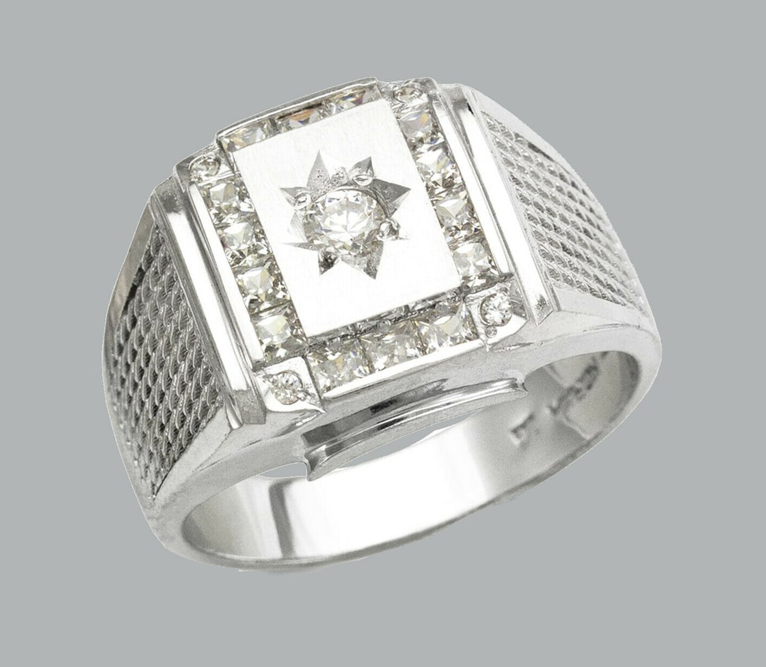 NEW 14K WHITE GOLD MENS CZ RING SIGNET FANCY (1 of 1)