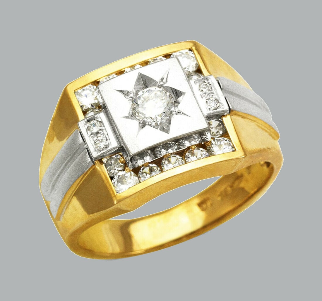 14K TWO TONE GOLD MENS CZ RING SIGNET FANCY (1 of 1)