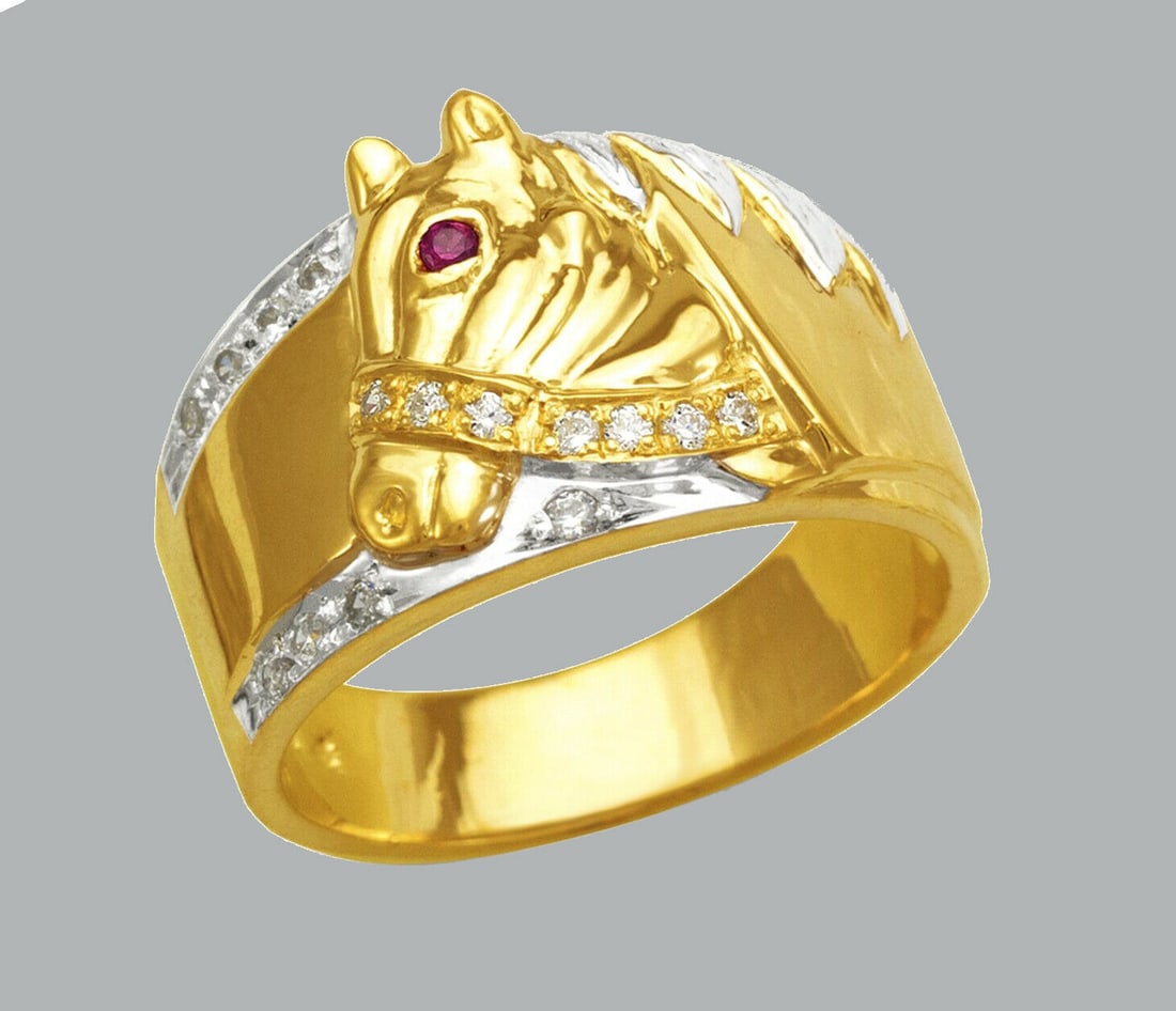 NEW 14K TWO TONE GOLD MENS CZ RING BAND FANCY HORSE: NEW 14K TWO TONE GOLD CZ RING New 14K Two tone solid gold ring Ring size 10 Measures 15mm wide in front Cubic Zirconia Polished Finish Apx Weight: 7g