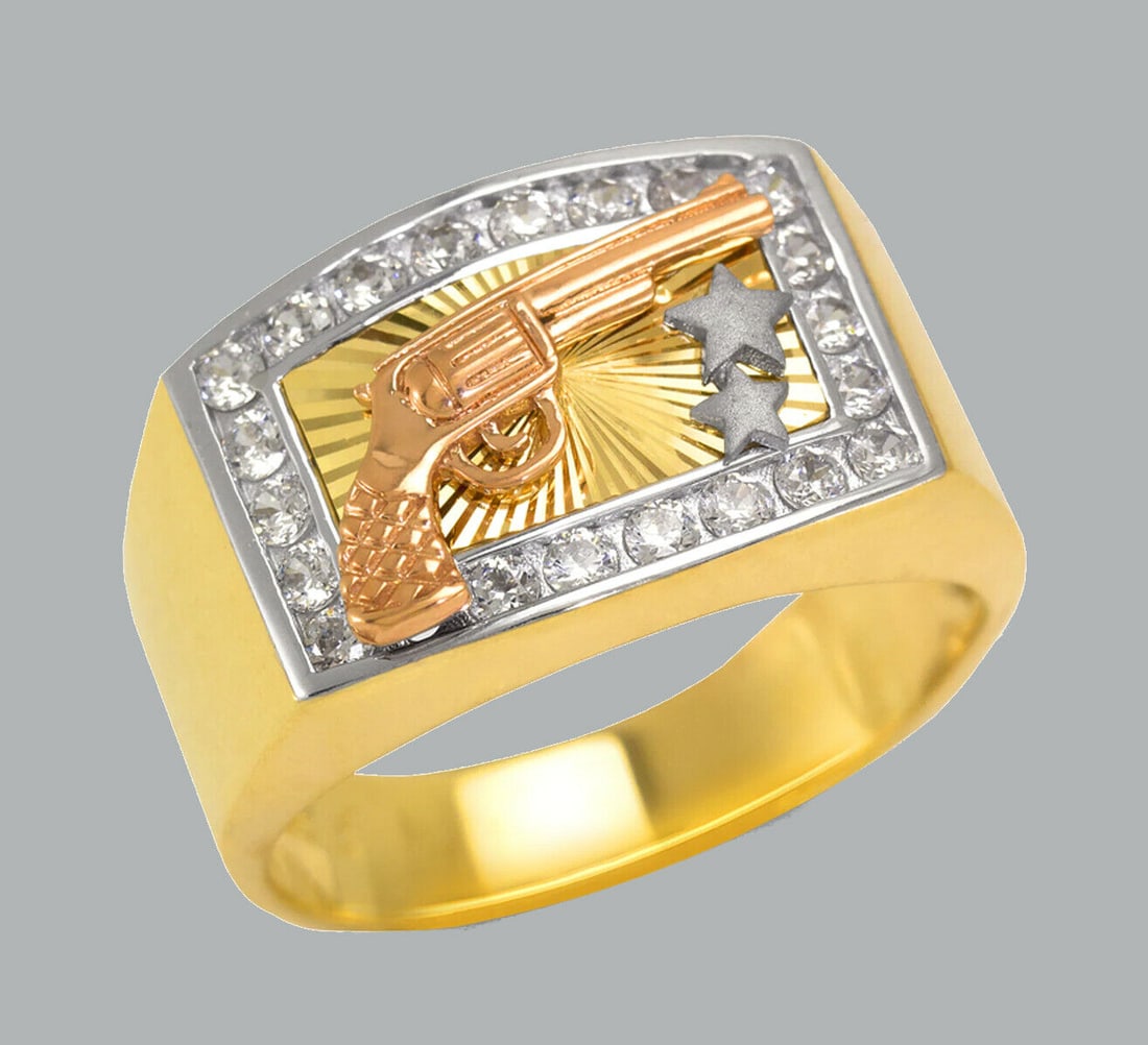 NEW 14K TRI COLOR GOLD MENS CZ RING SIGNET REVOLVER GUN: NEW 14K TRI COLOR GOLD CZ RING New 14K Tri color solid gold ring Ring size 10 Measures 13mm wide in front Cubic Zirconia Polished Finish Apx Weight: 9g