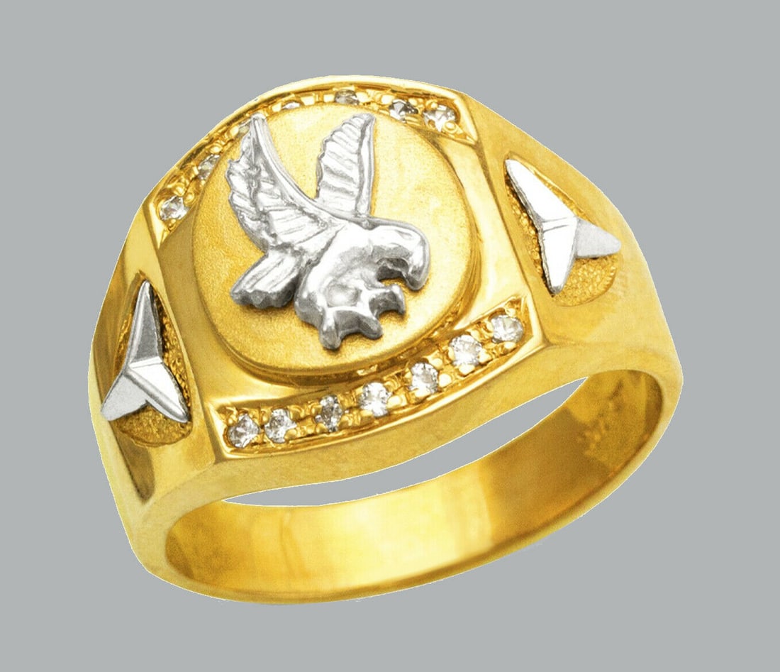 NEW 14K TWO TONE GOLD MEN'S CZ RING SIGNET FANCY EAGLE (1 of 1)