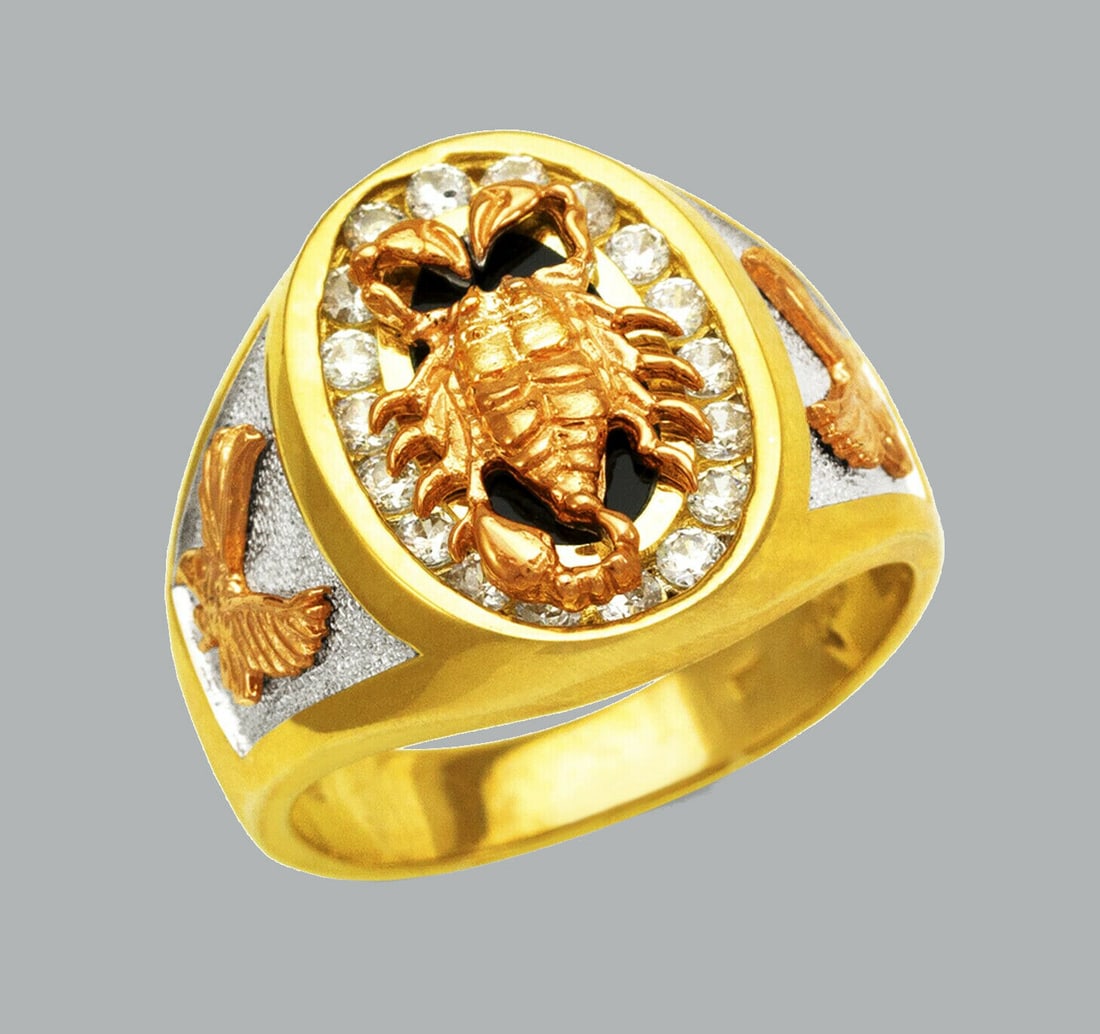 NEW 14K TRI COLOR GOLD MENS CZ RING OVAL SCORPION (1 of 1)