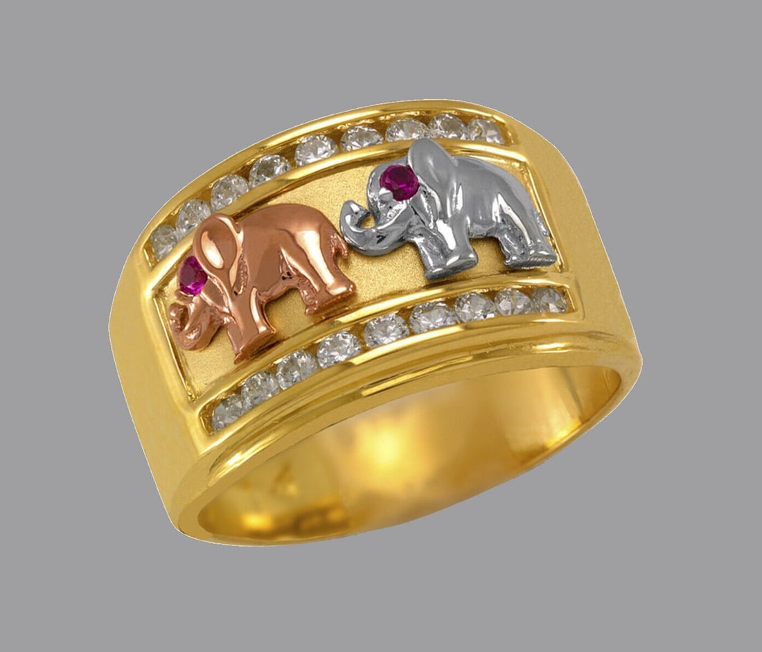 14K TRI COLOR GOLD LADIES FANCY CZ RING ELEPHANT BAND: NEW 14K TRI COLOR GOLD CZ RING New 14K Tri color solid gold ring Ring size 7 Measures 12.5mm wide in front Cubic Zirconia Polished Finish Apx Weight: 6.2g