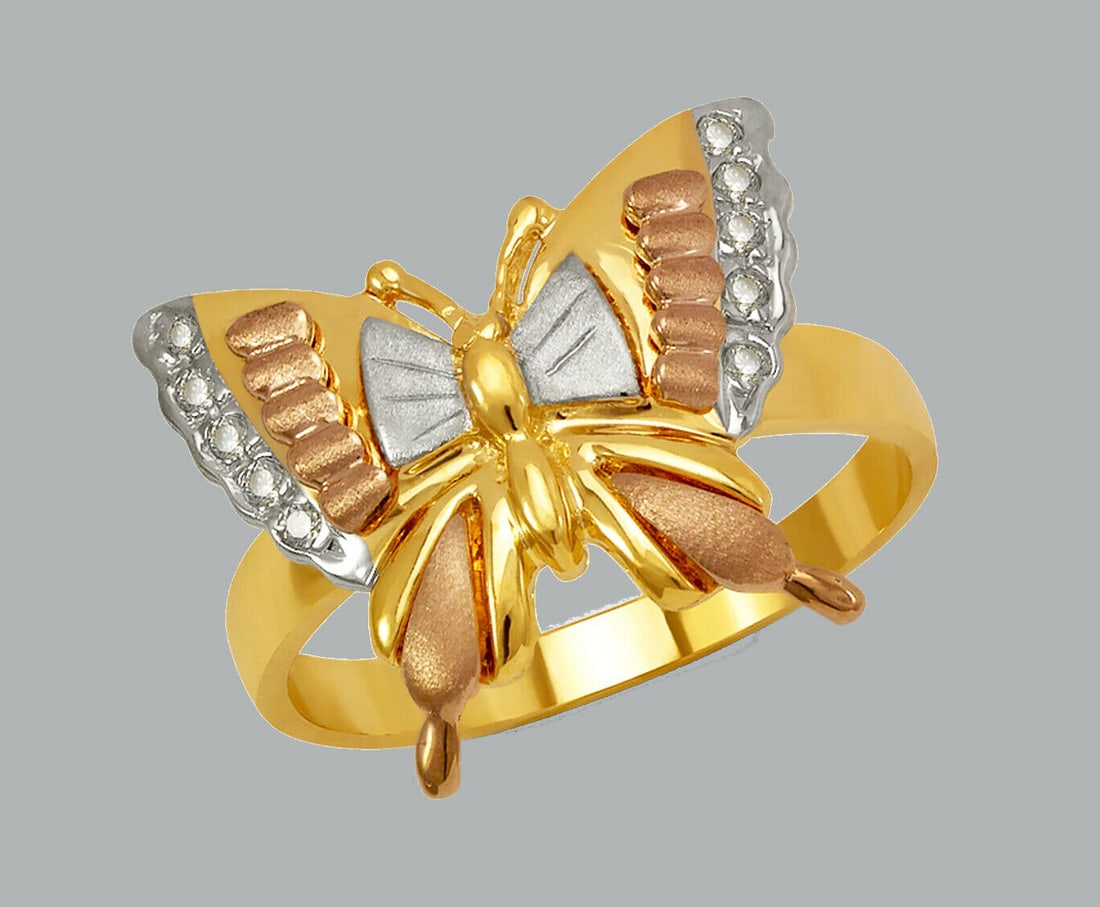 NEW 14K TRI COLOR GOLD LADIES FANCY CZ RING BUTTERFLY (1 of 1)