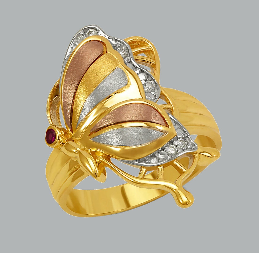 NEW 14K TRI COLOR GOLD LADIES FANCY CZ RING BUTTERFLY (1 of 1)