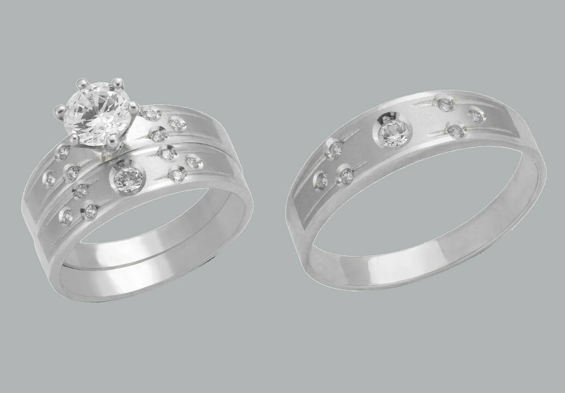 14K GOLD TRIO WEDDING SET CZ ENGAGEMENT RING BANDS 3pcs: NEW 14K WHITE GOLD WEDDING SET New 14K White solid gold wedding rings set 3 rings total (can easily be resized by your local jeweler) 2 Ladies Rings Size - 7 1 Mens Ring Size 10 Polished Finish Apx We