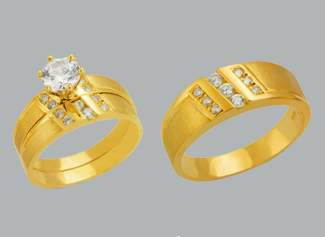 14K GOLD TRIO WEDDING SET CZ ENGAGEMENT RING BANDS 3pcs (1 of 1)
