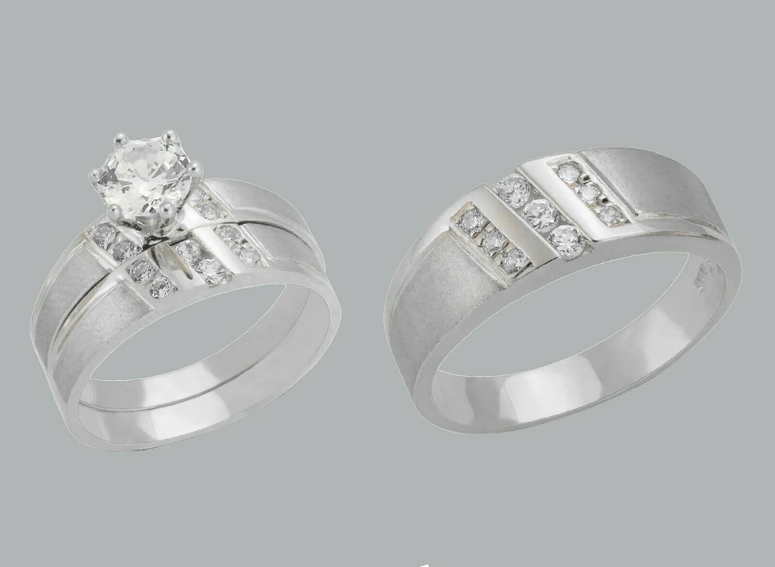 14K GOLD TRIO WEDDING SET CZ ENGAGEMENT RING BANDS 3pcs (1 of 1)