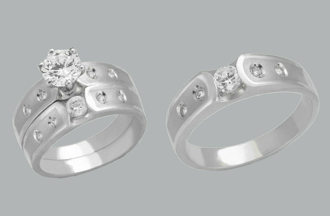 14K GOLD TRIO WEDDING SET CZ ENGAGEMENT RING BANDS 3pcs: NEW 14K WHITE GOLD WEDDING SET New 14K White solid gold wedding rings set 3 rings total (can easily be resized by your local jeweler) 2 Ladies Rings Size - 7 1 Mens Ring Size 10 Polished Finish Apx We