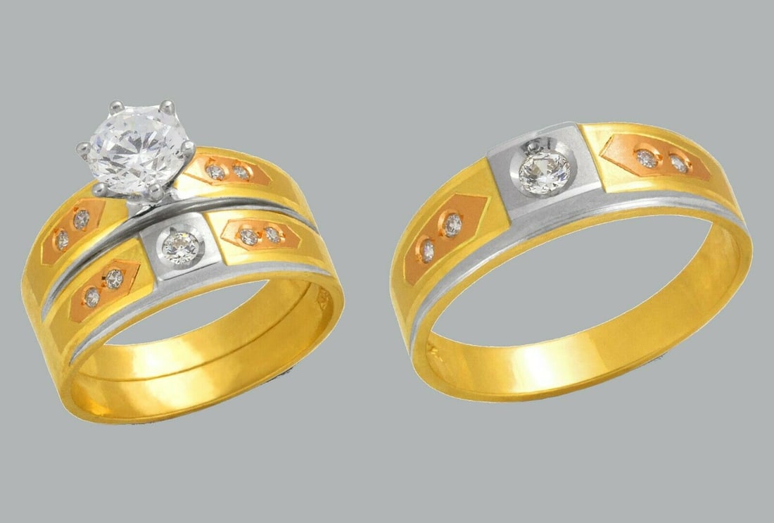 14K GOLD TRIO WEDDING SET CZ ENGAGEMENT RING BANDS 3pcs: NEW 14K TRI COLOR GOLD WEDDING SET New 14K Tri color solid gold wedding rings set 3 rings total (can easily be resized by your local jeweler) 2 Ladies Rings Size - 7 1 Mens Ring Size 10 Polished Finis