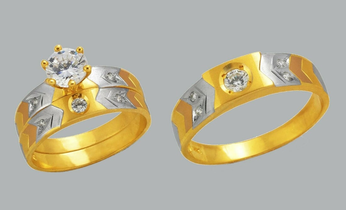 14K GOLD TRIO WEDDING SET CZ ENGAGEMENT RING BANDS 3pcs: NEW 14K TRI COLOR GOLD WEDDING SET New 14K Tri color solid gold wedding rings set 3 rings total (can easily be resized by your local jeweler) 2 Ladies Rings Size - 7 1 Mens Ring Size 10 Polished Finis