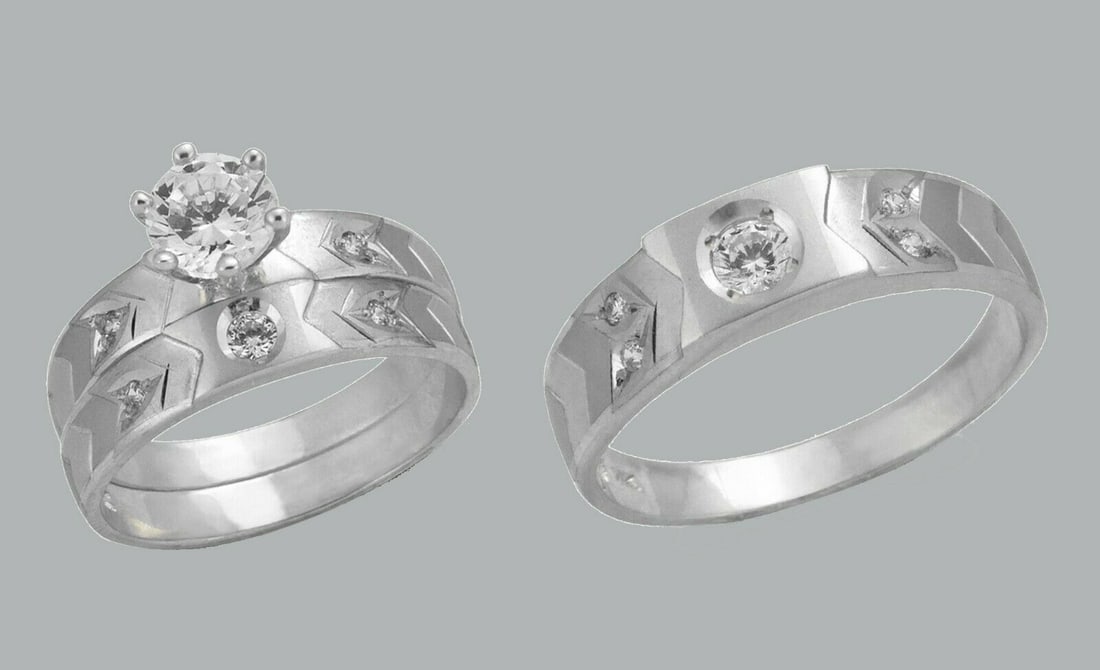 14K GOLD TRIO WEDDING SET CZ ENGAGEMENT RING BANDS 3pcs: NEW 14K WHITE GOLD WEDDING SET New 14K White solid gold wedding rings set 3 rings total (can easily be resized by your local jeweler) 2 Ladies Rings Size - 7 1 Mens Ring Size 10 Polished Finish Apx We