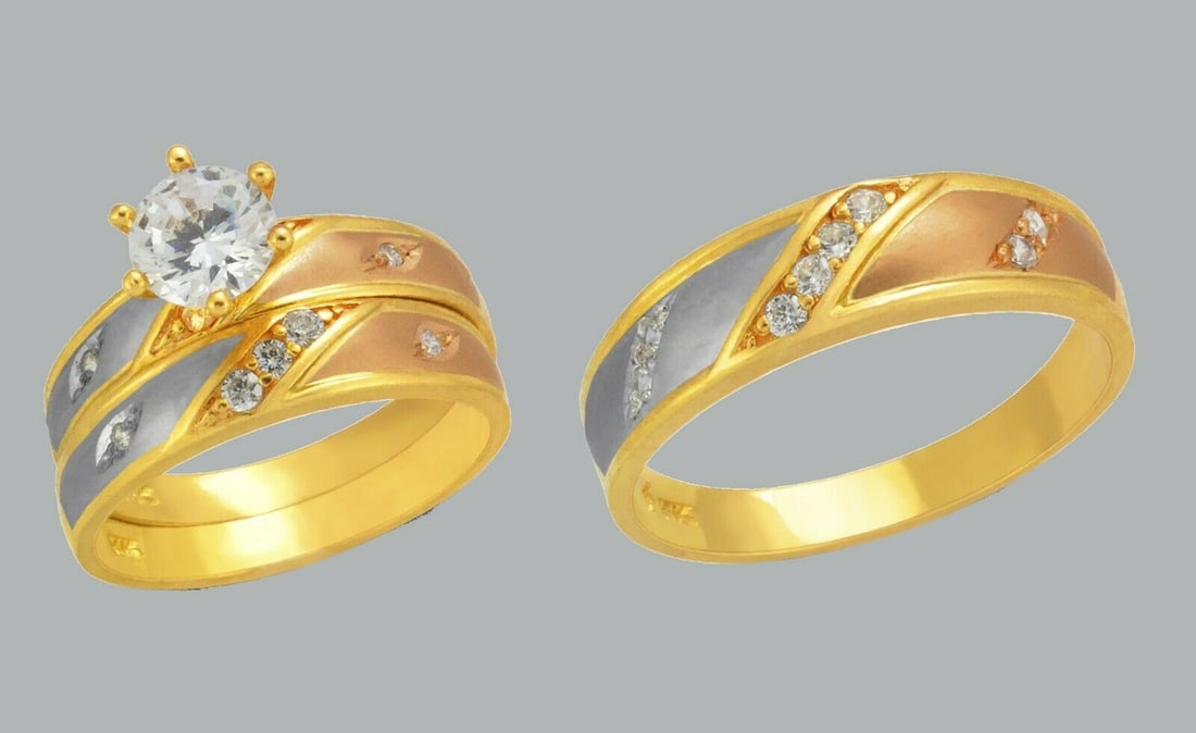 14K GOLD TRIO WEDDING SET CZ ENGAGEMENT RING BANDS 3pcs (1 of 1)