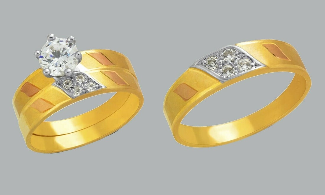 14K GOLD TRIO WEDDING SET CZ ENGAGEMENT RING BANDS 3pcs: NEW 14K TRI COLOR GOLD WEDDING SET New 14K Tri color solid gold wedding rings set 3 rings total (can easily be resized by your local jeweler) 2 Ladies Rings Size - 7 1 Mens Ring Size 10 Polished Finis