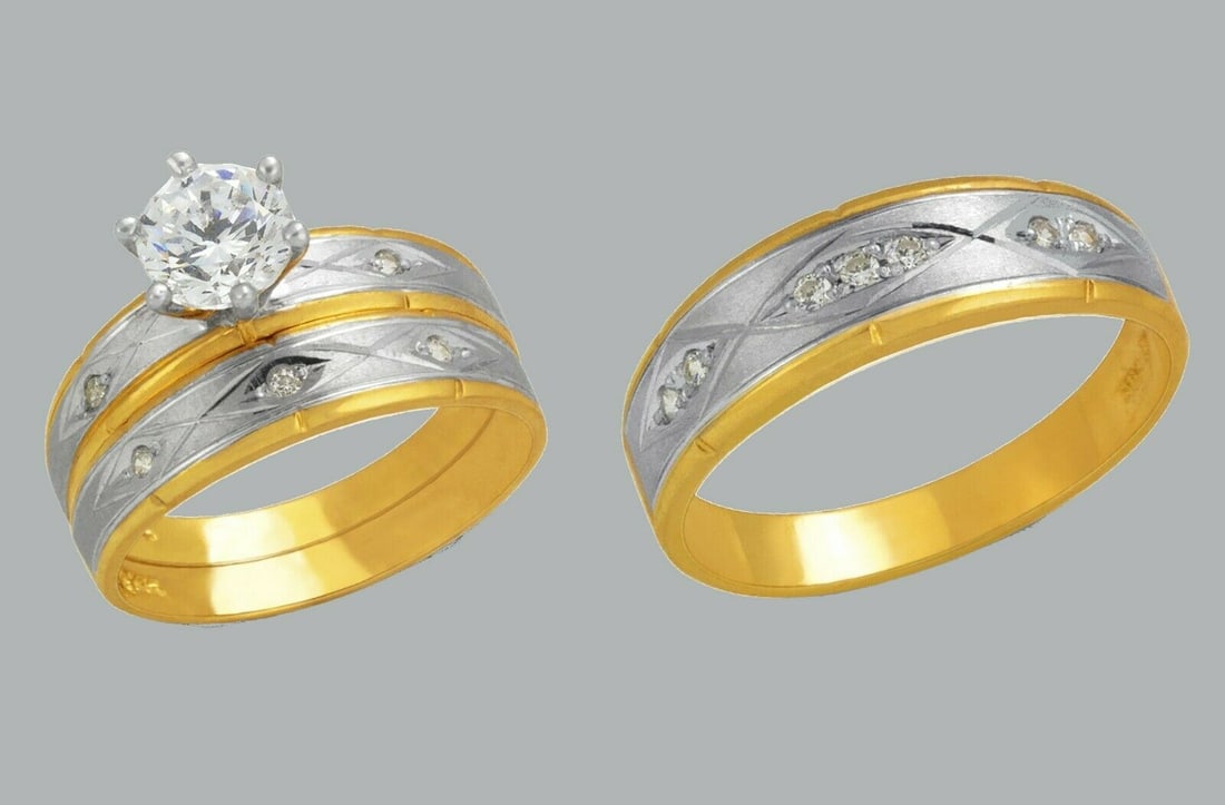 14K GOLD TRIO WEDDING SET CZ ENGAGEMENT RING BANDS 3pcs: NEW 14K TWO TONE GOLD WEDDING SET New 14K Two tone solid gold wedding rings set 3 rings total (can easily be resized by your local jeweler) 2 Ladies Rings Size - 7 1 Mens Ring Size 10 Polished Finish