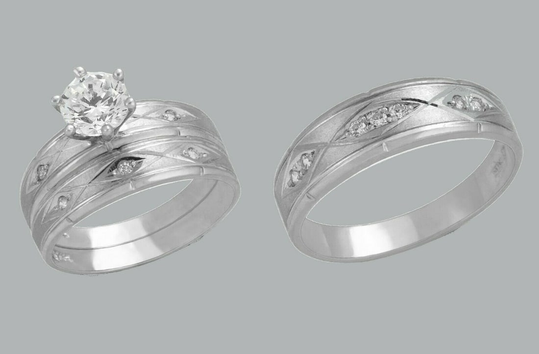 14K GOLD TRIO WEDDING SET CZ ENGAGEMENT RING BANDS 3pcs (1 of 1)